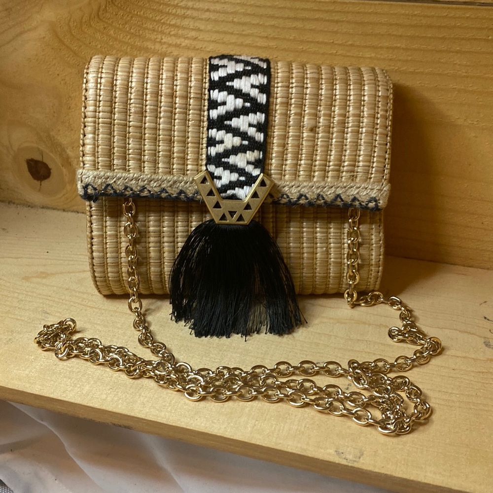 Stella and Dot SideKick straw fringe and black with gold link chain mini bag